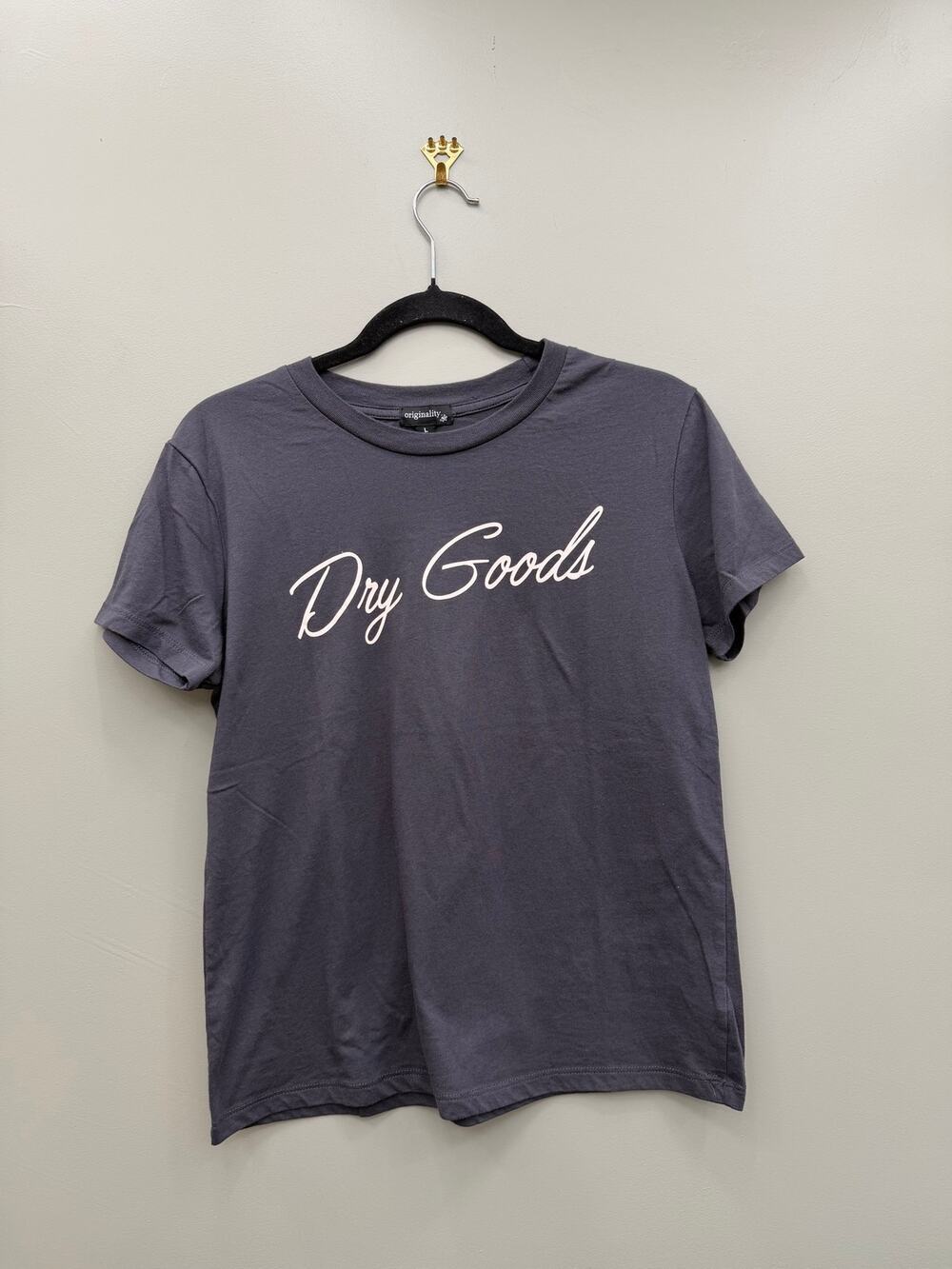 Dry Goods Gray Graphic Tee Script Logo Minimalist Casual Cotton Blend Size L